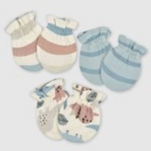 Gerber Baby Boys 3pk Dino Mittens White Aqua Blue Cotton 0-3M